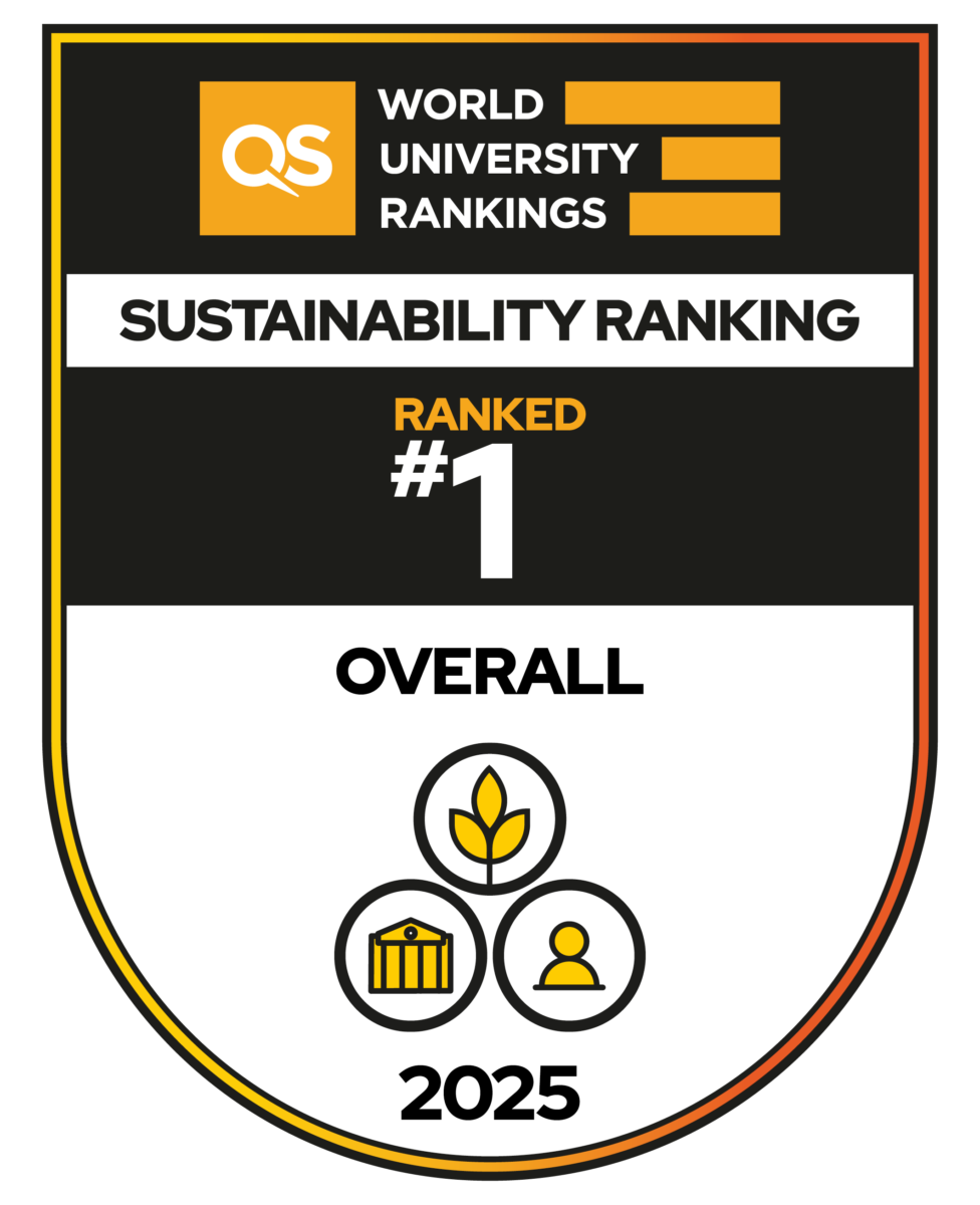 A digital badge from QS that displays a first place sustainability ranking