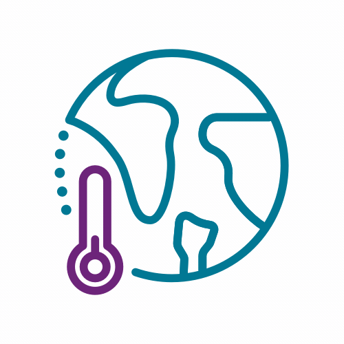 A stylized globe with a thermometer, symbolizing temperature or climate.