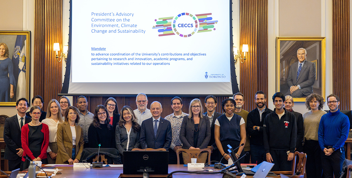 CECCS members posing at the front of Simcoe Hall with President Meric Gertler at October 24, 2024 meeting