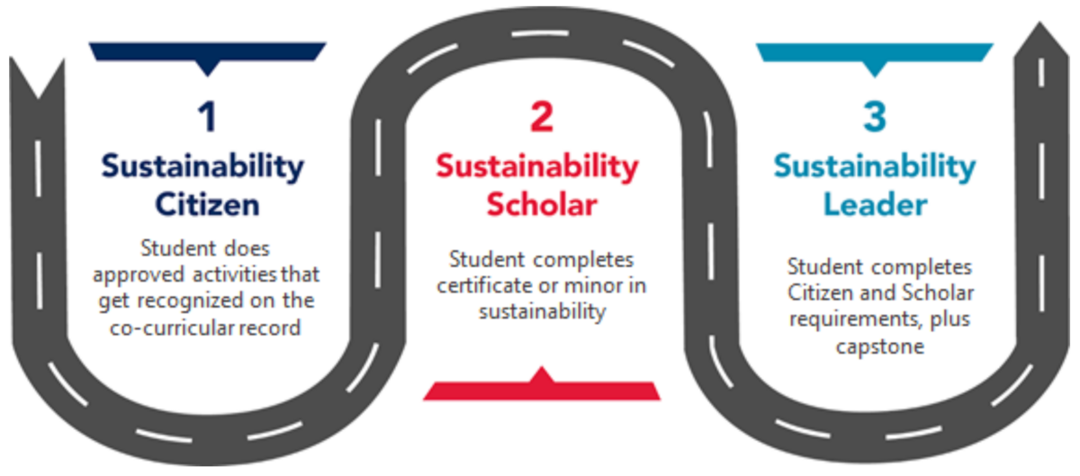 Sustainability Pathways info graphic showing a road with the three tiers of the Pathways program: Citizen, Scholar and Leader. 