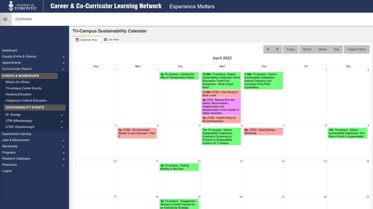 Image showing what the Sustainability Calendar looks like on CLNx, with different colour categories