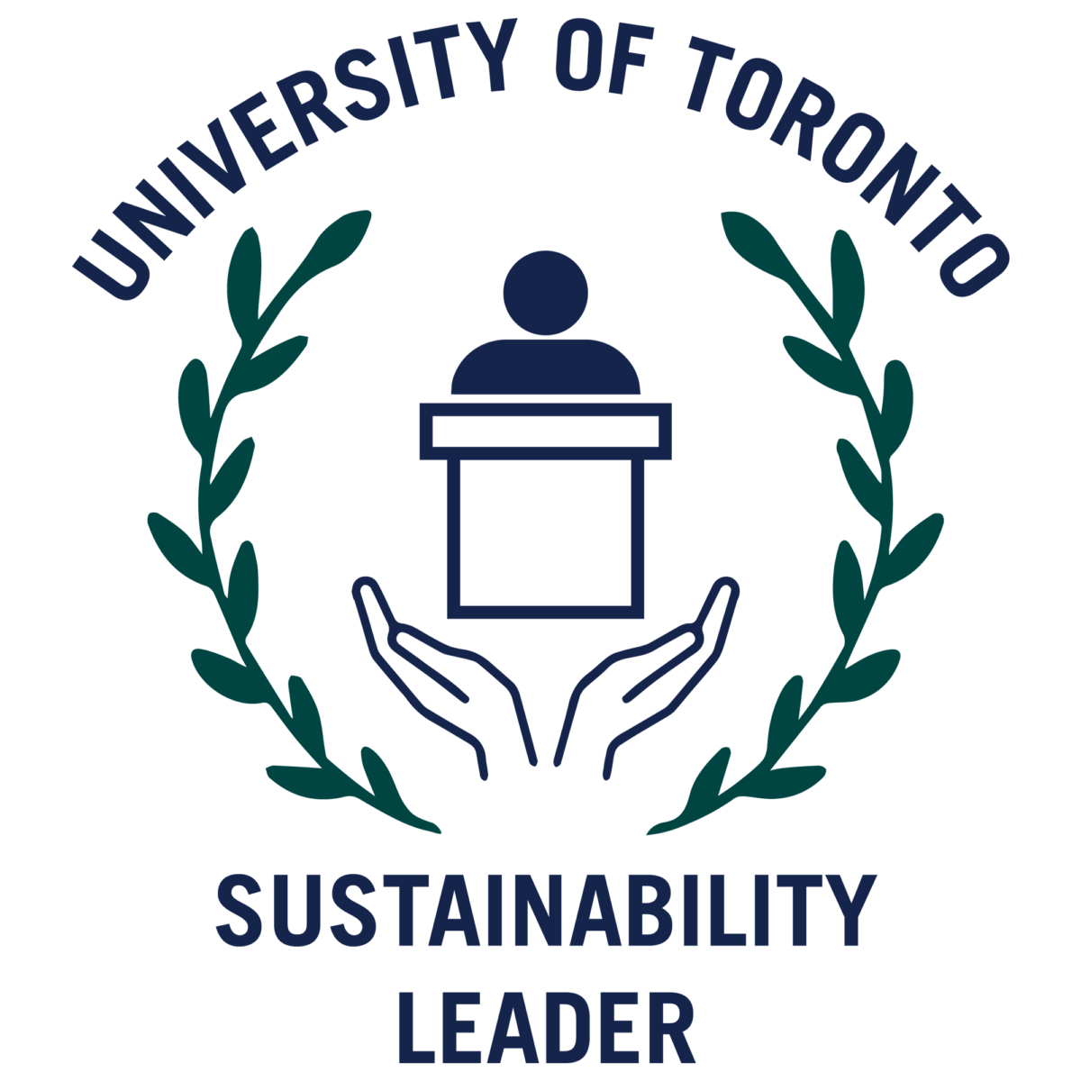 Sustainability Leader logo, showing two hands under a person at a podium