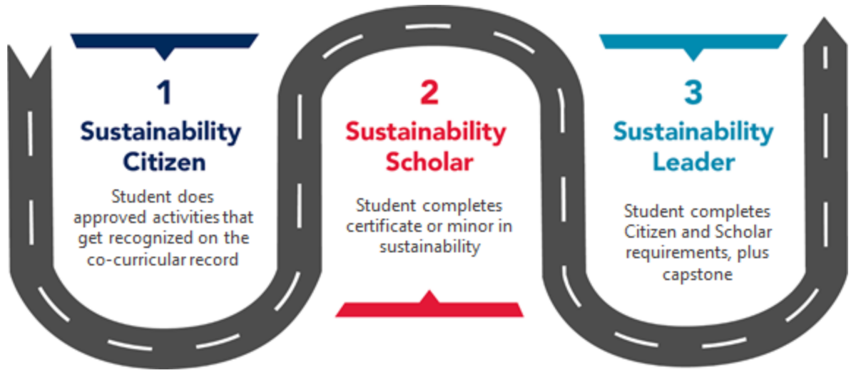 Sustainability Pathways infographic, showing a road going through the different tiers of the program: Citizen, Scholar and Leader